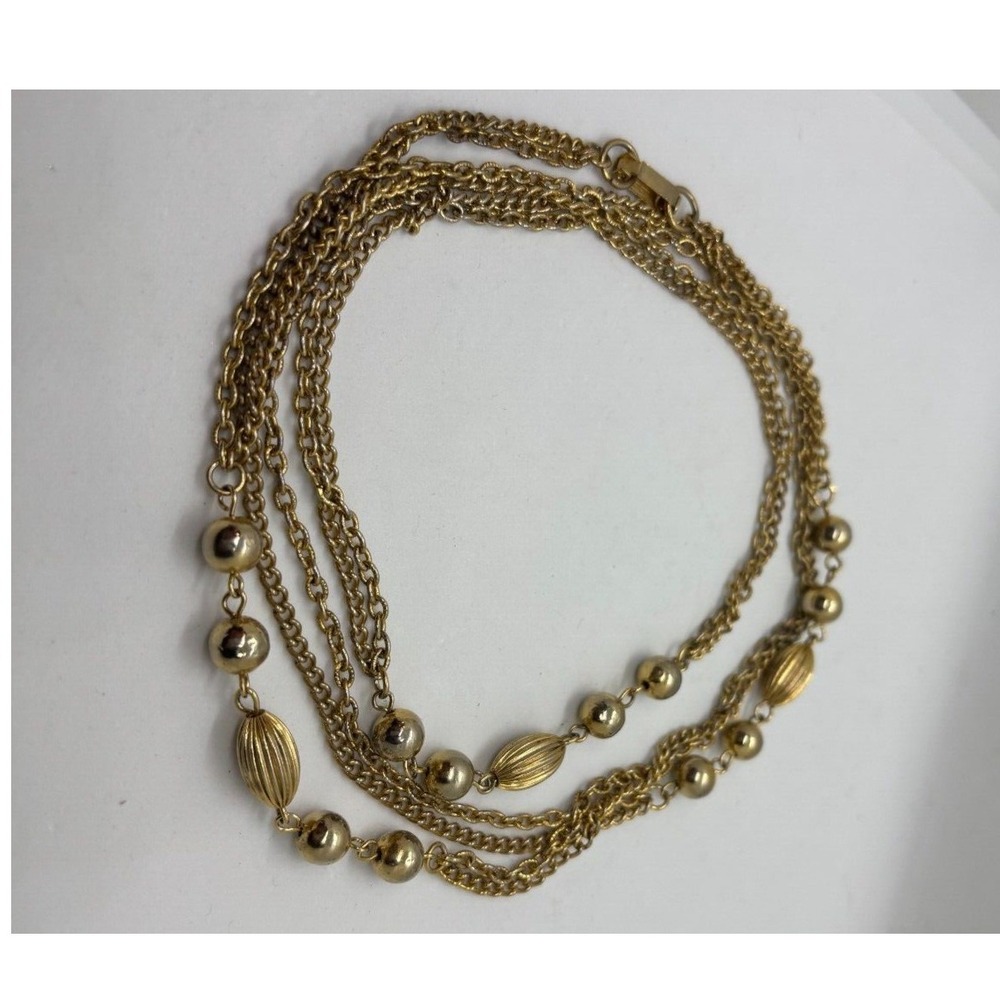 Vintage Multi Strand Necklace Gold Tone Beaded Layered Chain Boho Statement 24"